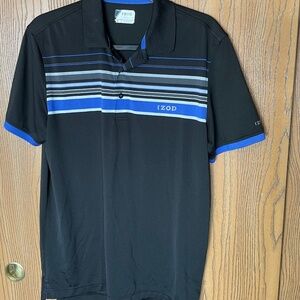 IZOD MENS GOLF POLO SHIRT SHORT SLEEVES SIZE M BLACK BLUE WHITE STRIPES